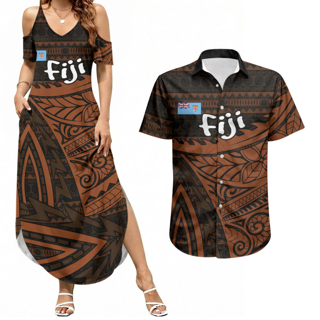 Straight Outta Kadavu Fiji Couples Matching Summer Maxi Dress and Hawaiian Shirt Tribal Polynesian Tattoo Coat Of Arms Flag TS04 Brown Black - Polynesian Pride