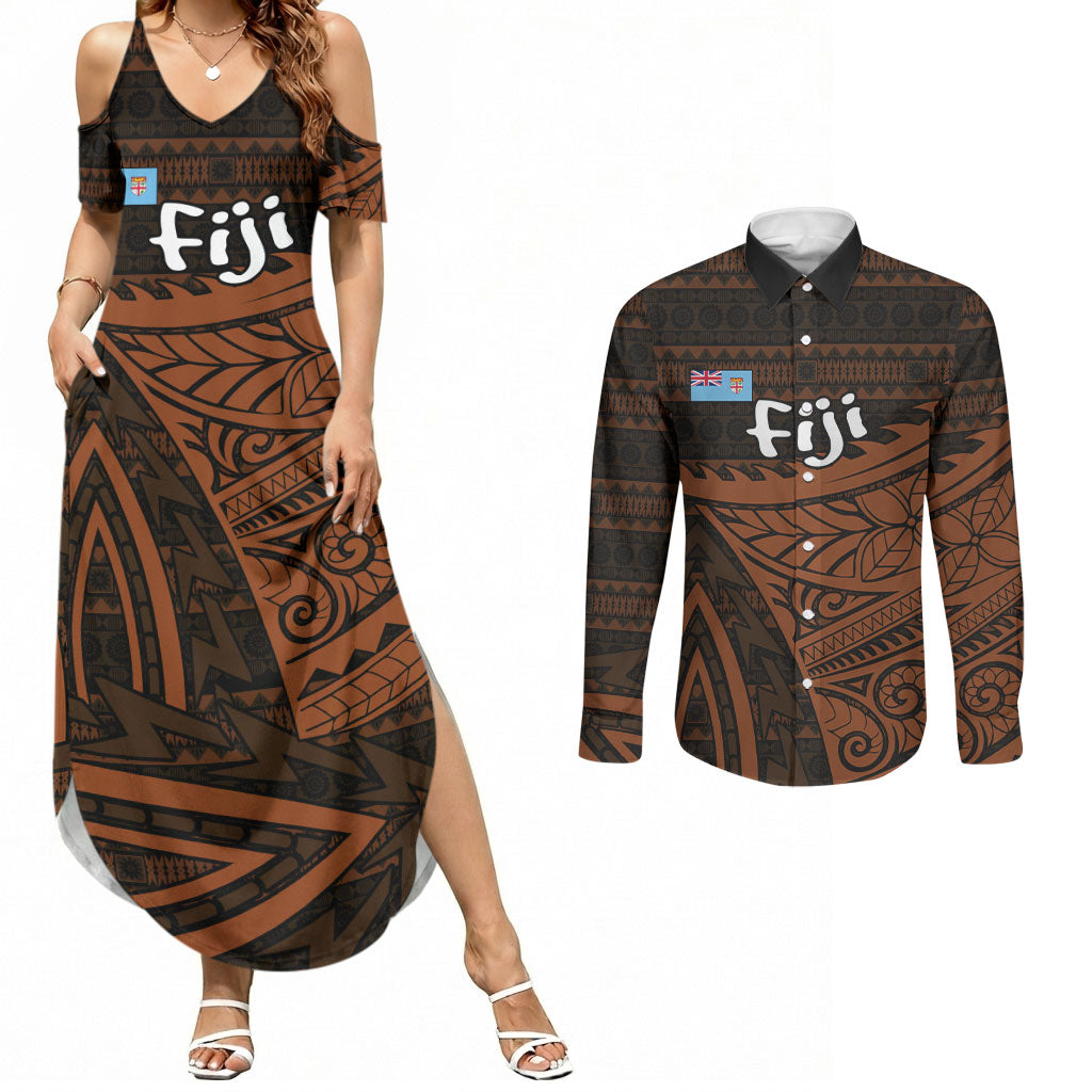 Straight Outta Kadavu Fiji Couples Matching Summer Maxi Dress and Long Sleeve Button Shirt Tribal Polynesian Tattoo Coat Of Arms Flag TS04 Brown Black - Polynesian Pride