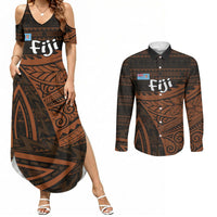 Straight Outta Kadavu Fiji Couples Matching Summer Maxi Dress and Long Sleeve Button Shirt Tribal Polynesian Tattoo Coat Of Arms Flag TS04 Brown Black - Polynesian Pride