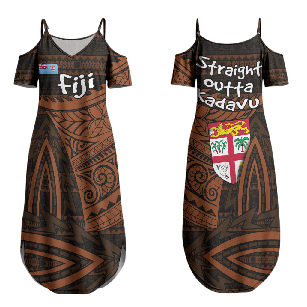 Straight Outta Kadavu Fiji Couples Matching Summer Maxi Dress and Long Sleeve Button Shirt Tribal Polynesian Tattoo Coat Of Arms Flag TS04 - Polynesian Pride