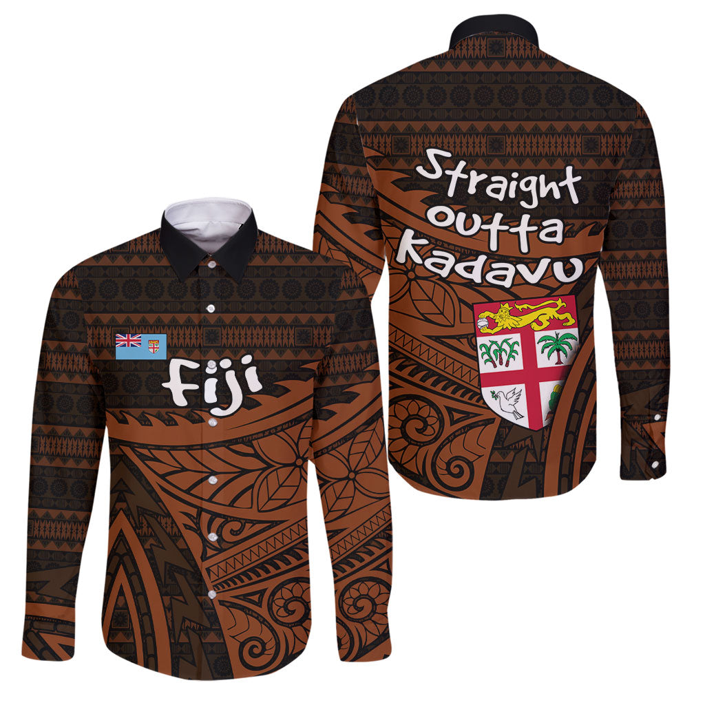 Straight Outta Kadavu Fiji Family Matching Tank Maxi Dress and Hawaiian Shirt Tribal Polynesian Tattoo Coat Of Arms Flag TS04 Dad's Shirt - Long Sleeve Brown Black - Polynesian Pride