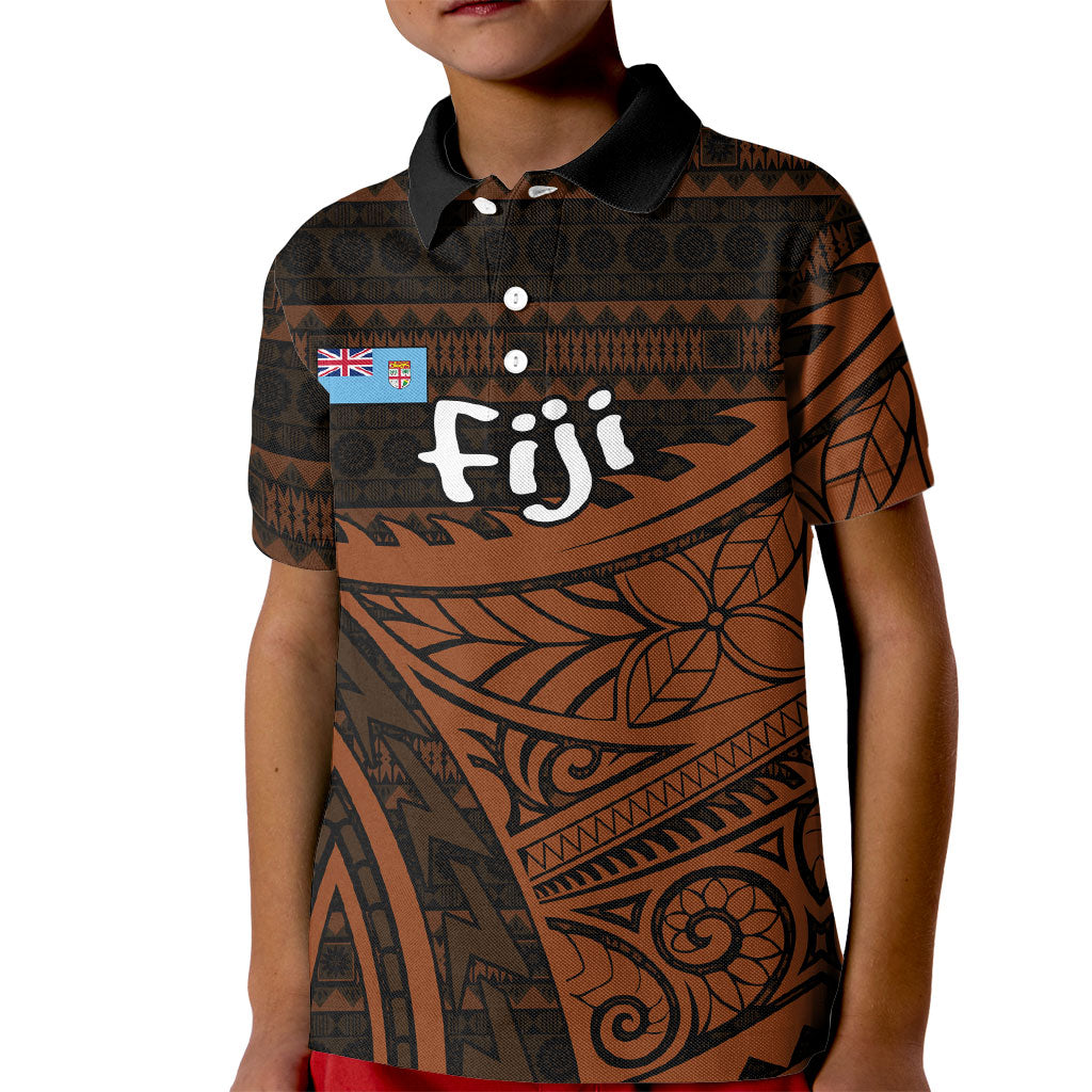 Straight Outta Kadavu Fiji Kid Polo Shirt Tribal Polynesian Tattoo Coat Of Arms Flag TS04 Kid Brown Black - Polynesian Pride