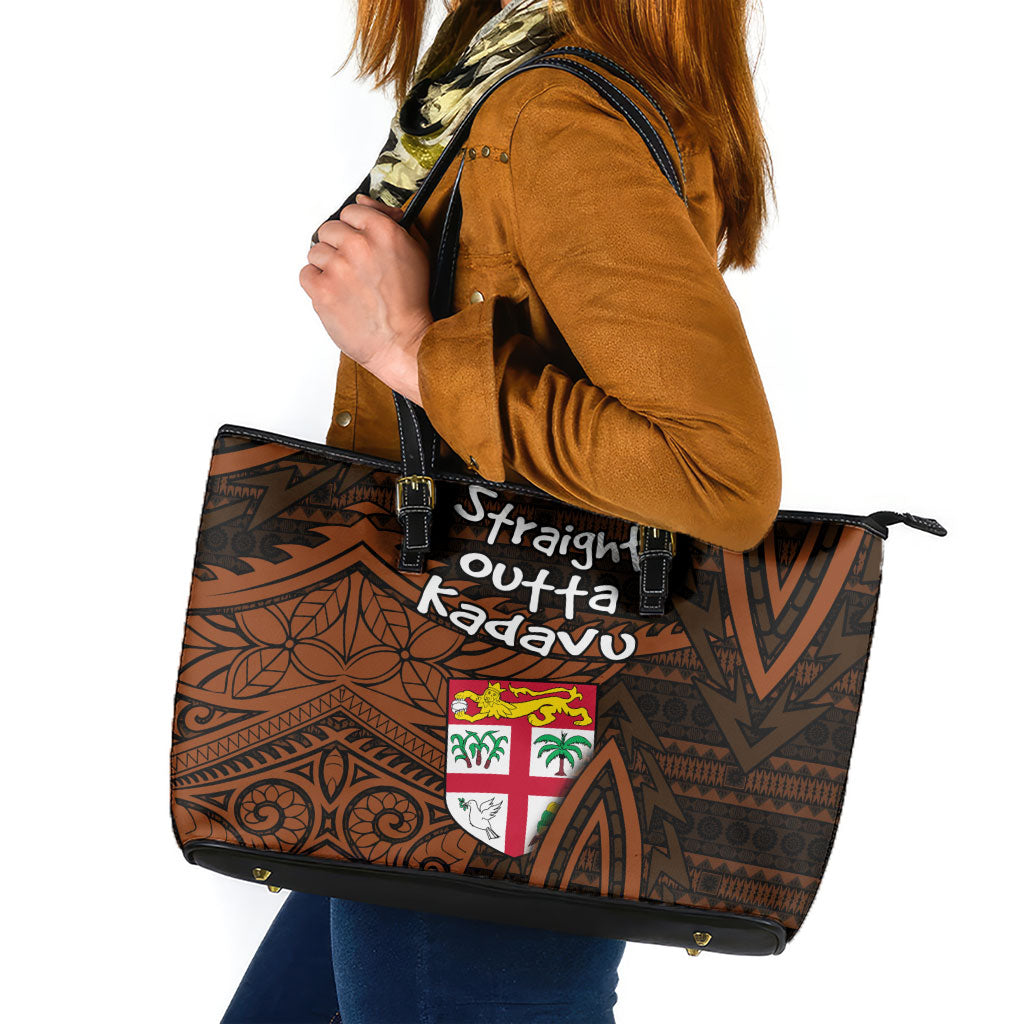 Straight Outta Kadavu Fiji Leather Tote Bag Tribal Polynesian Tattoo Coat Of Arms Flag TS04 Brown Black - Polynesian Pride