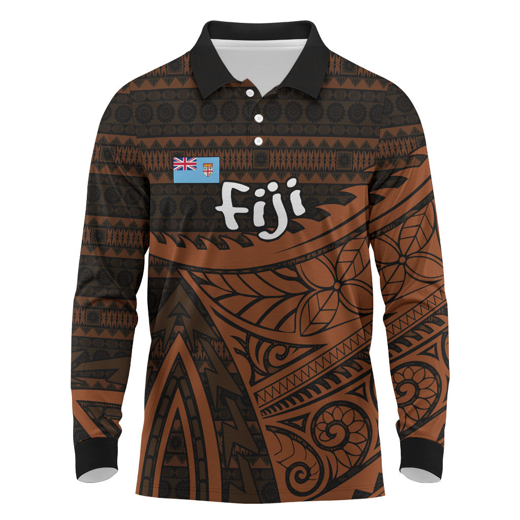 Straight Outta Kadavu Fiji Long Sleeve Polo Shirt Tribal Polynesian Tattoo Coat Of Arms Flag TS04 Brown Black - Polynesian Pride