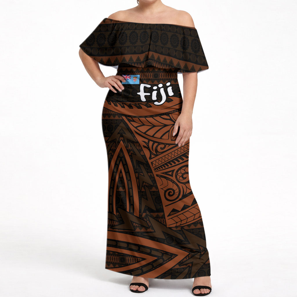 Straight Outta Kadavu Fiji Off Shoulder Maxi Dress Tribal Polynesian Tattoo Coat Of Arms Flag TS04 Women Brown Black - Polynesian Pride