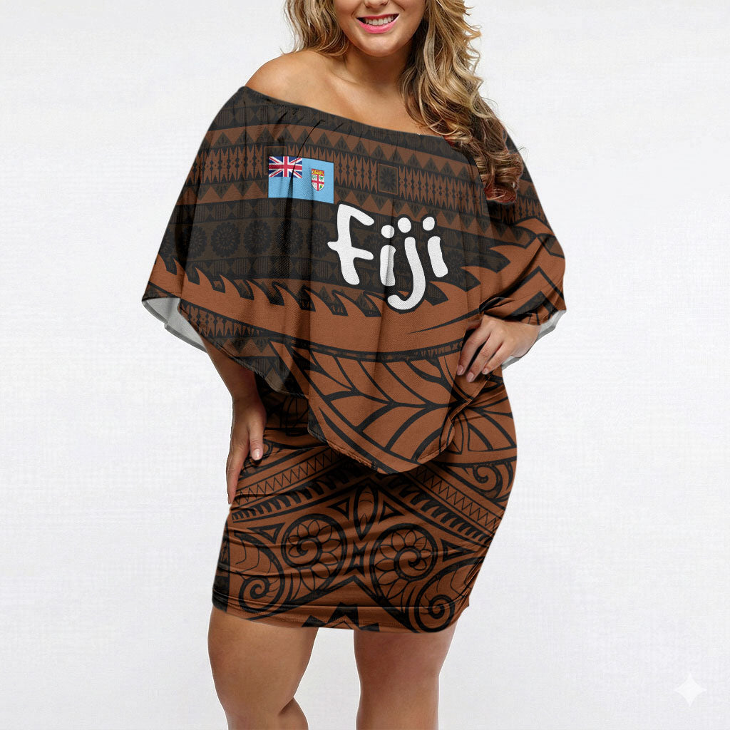 Straight Outta Kadavu Fiji Off Shoulder Short Dress Tribal Polynesian Tattoo Coat Of Arms Flag TS04 Women Brown Black - Polynesian Pride