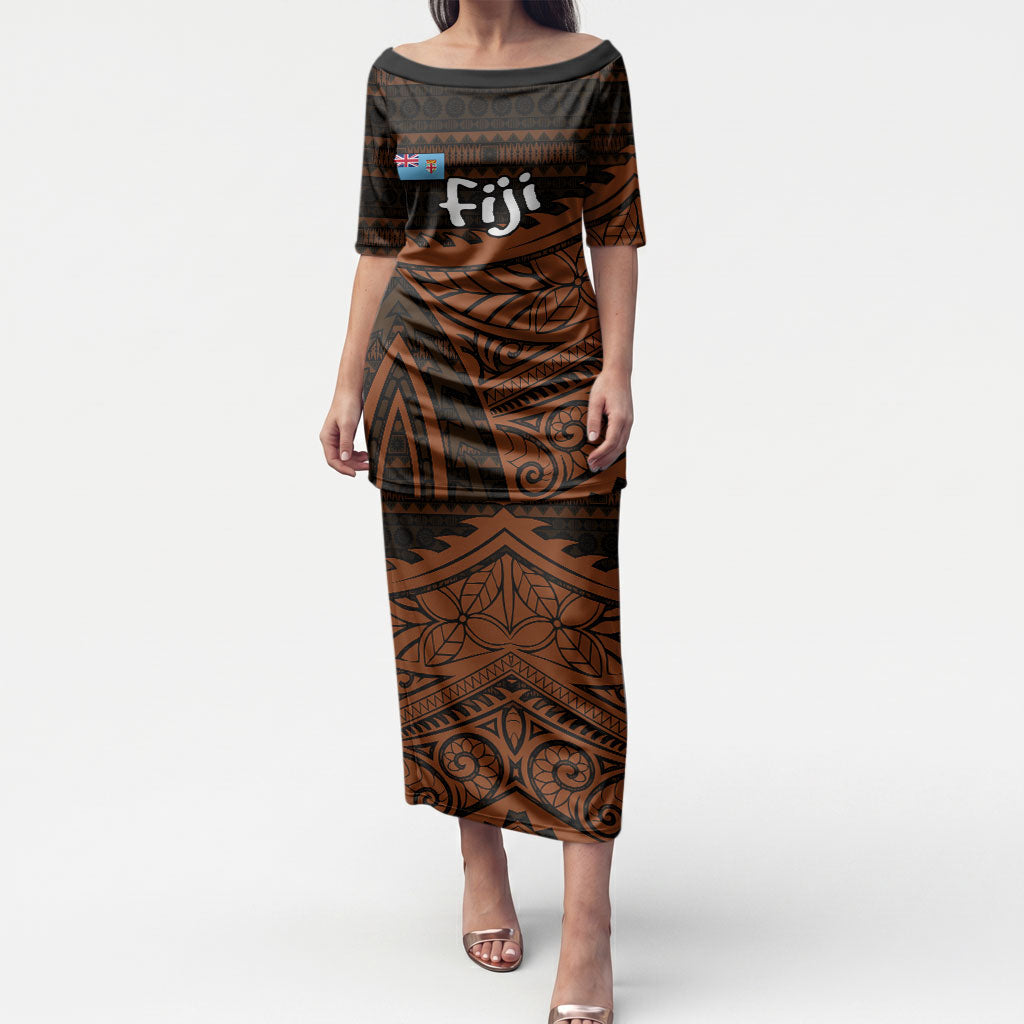 Straight Outta Kadavu Fiji Puletasi Tribal Polynesian Tattoo Coat Of Arms Flag TS04 Long Dress Brown Black - Polynesian Pride