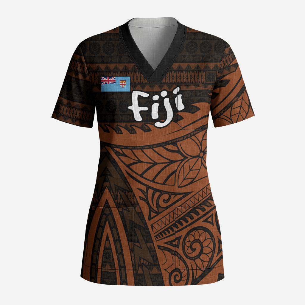 Straight Outta Kadavu Fiji Scrub Top Tribal Polynesian Tattoo Coat Of Arms Flag TS04 Adult Brown Black - Polynesian Pride