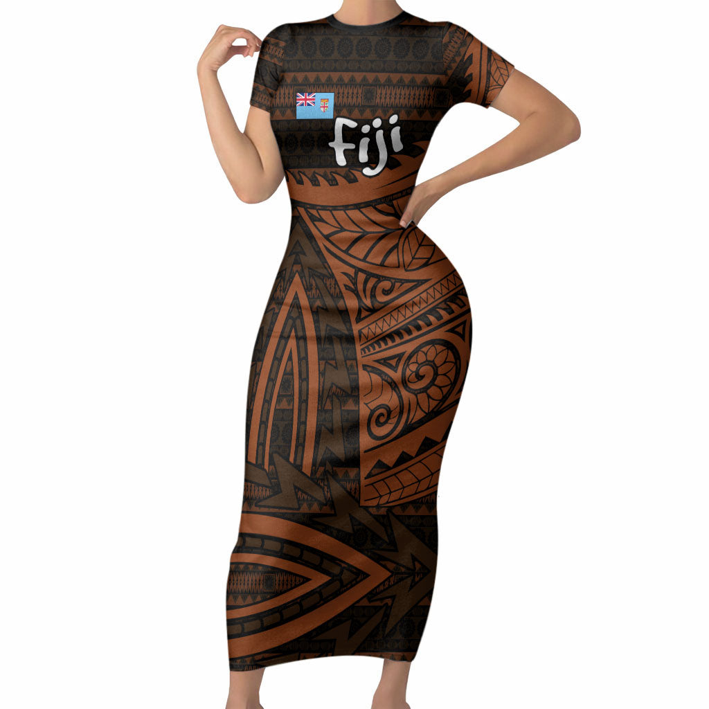 Straight Outta Kadavu Fiji Short Sleeve Bodycon Dress Tribal Polynesian Tattoo Coat Of Arms Flag TS04 Long Dress Brown Black - Polynesian Pride