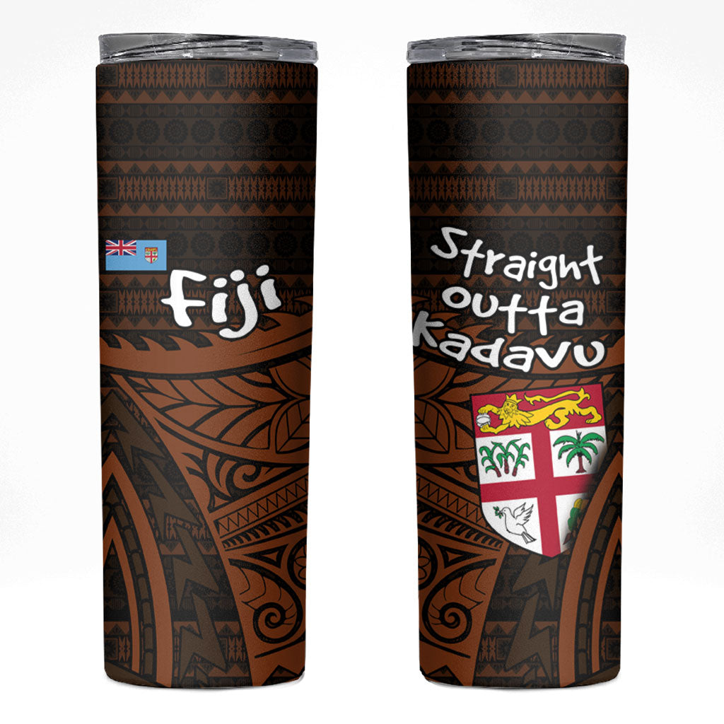 Straight Outta Kadavu Fiji Skinny Tumbler Tribal Polynesian Tattoo Coat Of Arms Flag TS04 Brown Black - Polynesian Pride