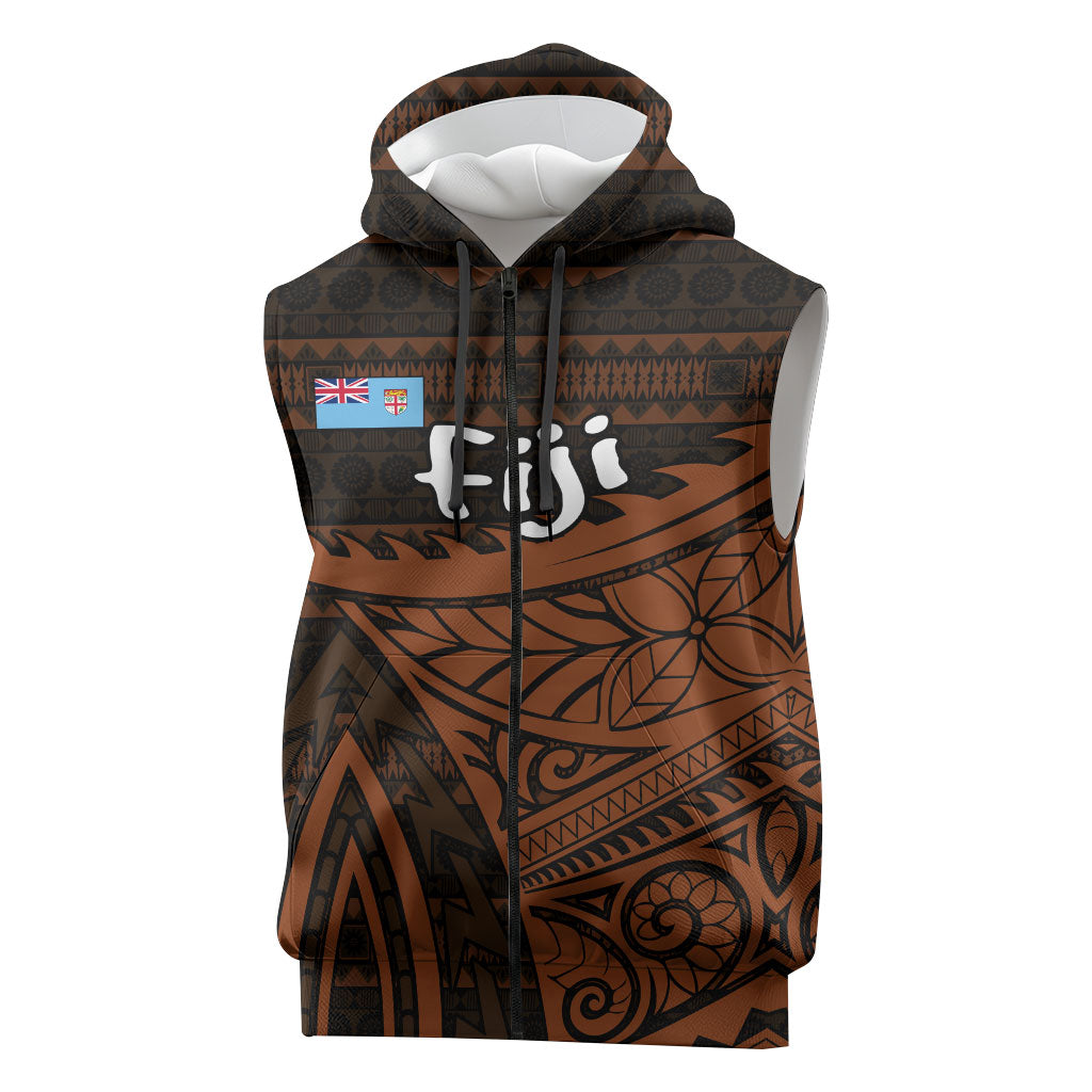 Straight Outta Kadavu Fiji Sleeveless Zip Hoodie Tribal Polynesian Tattoo Coat Of Arms Flag TS04 Brown Black - Polynesian Pride