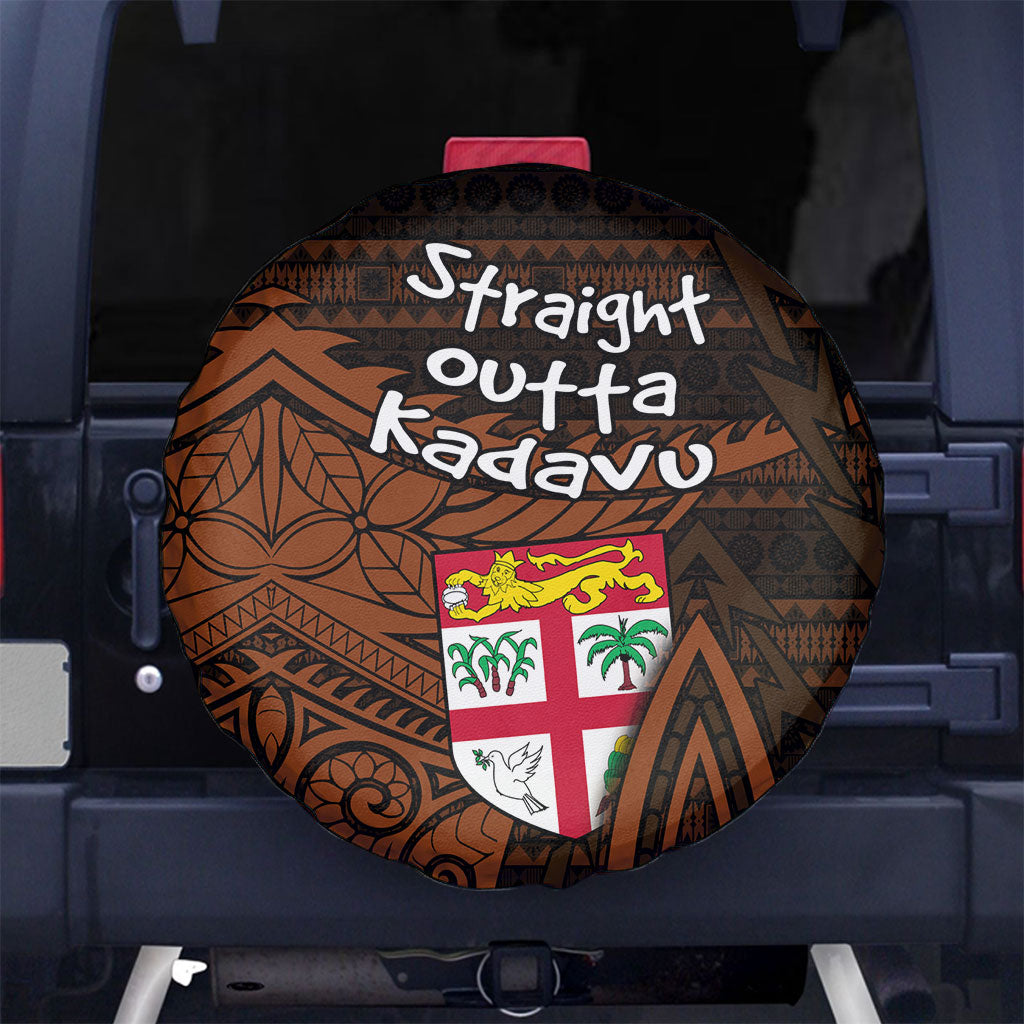 Straight Outta Kadavu Fiji Spare Tire Cover Tribal Polynesian Tattoo Coat Of Arms Flag TS04 No hole Brown Black - Polynesian Pride