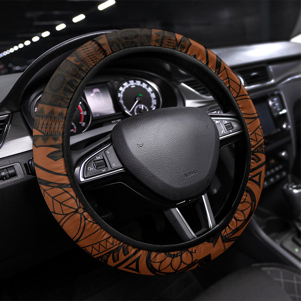 Straight Outta Kadavu Fiji Steering Wheel Cover Tribal Polynesian Tattoo Coat Of Arms Flag TS04 Universal Fit Brown Black - Polynesian Pride