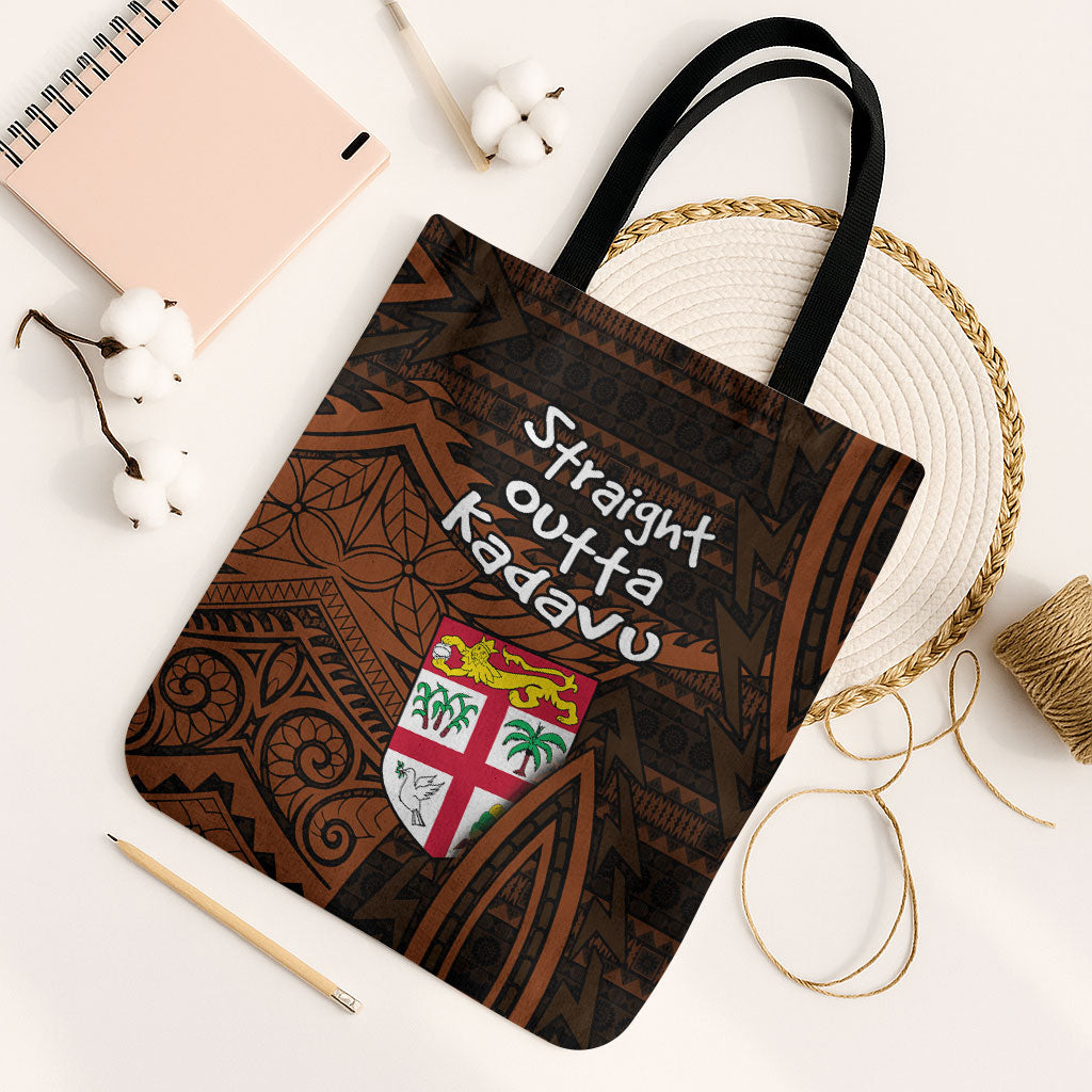 Straight Outta Kadavu Fiji Tote Bag Tribal Polynesian Tattoo Coat Of Arms Flag TS04 Black Strap One Size Brown Black - Polynesian Pride