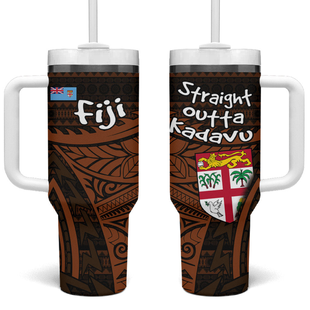 Straight Outta Kadavu Fiji Tumbler With Handle Tribal Polynesian Tattoo Coat Of Arms Flag TS04 One Size: 40 oz Brown Black - Polynesian Pride