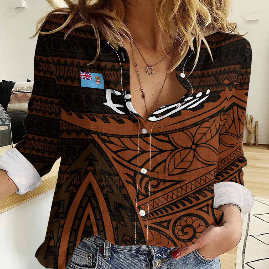 Straight Outta Kadavu Fiji Women Casual Shirt Tribal Polynesian Tattoo Coat Of Arms Flag TS04 Female Brown Black - Polynesian Pride