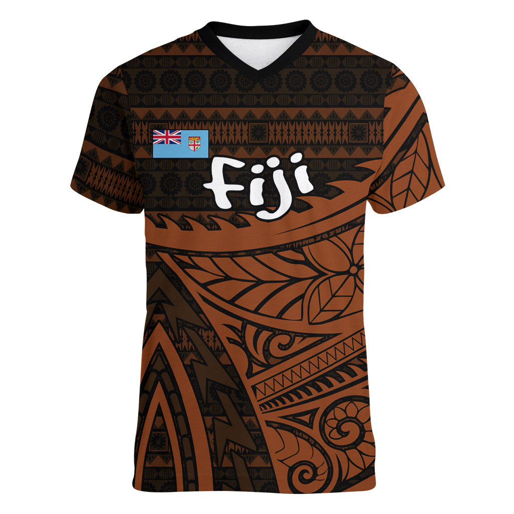 Straight Outta Kadavu Fiji Women V-Neck T-Shirt Tribal Polynesian Tattoo Coat Of Arms Flag TS04 Female Brown Black - Polynesian Pride