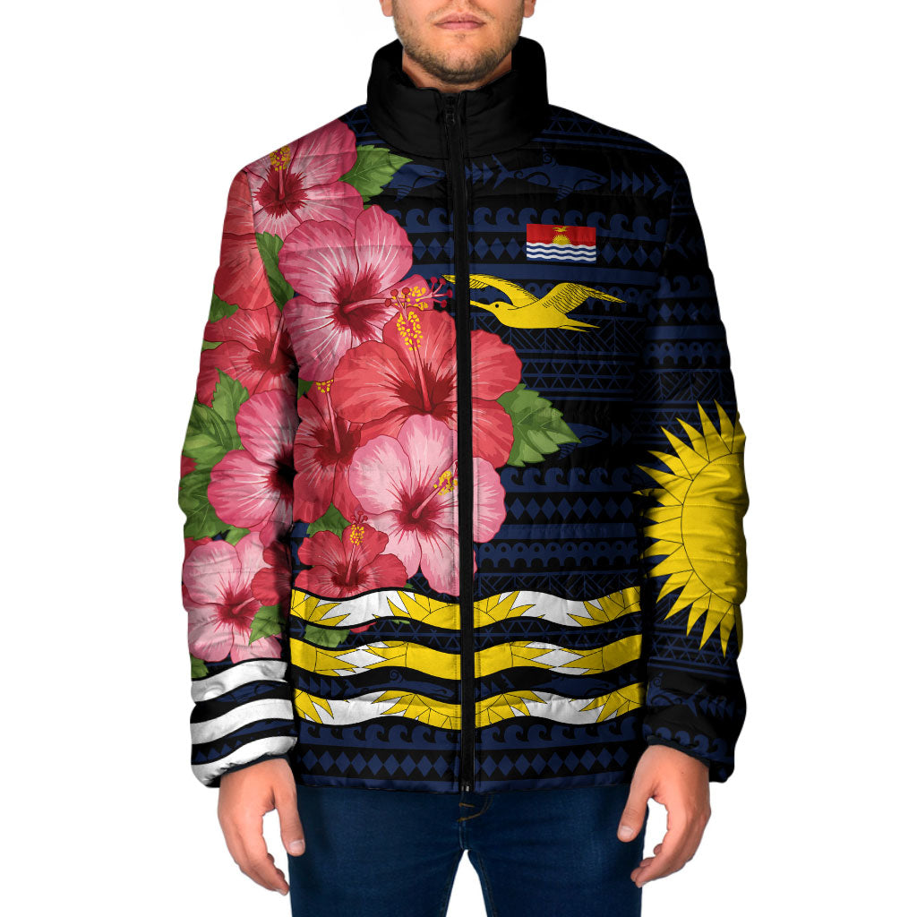 Kiribati Padded Jacket Tropical Pink Hibiscus Flowers Polynesian Tribal TS04 Men Blue Black - Polynesian Pride