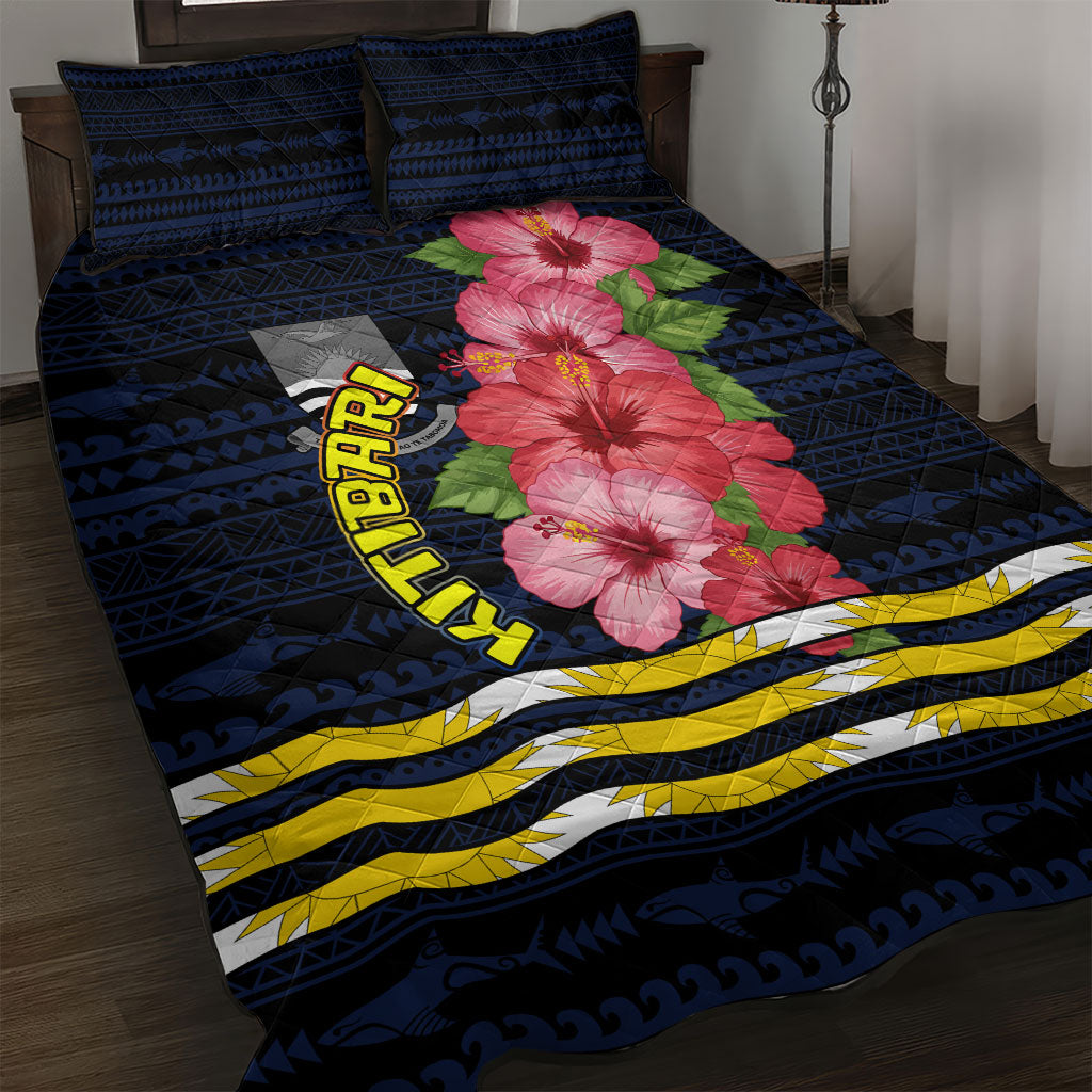 Kiribati Quilt Bed Set Tropical Pink Hibiscus Flowers Polynesian Tribal TS04 Blue Black - Polynesian Pride