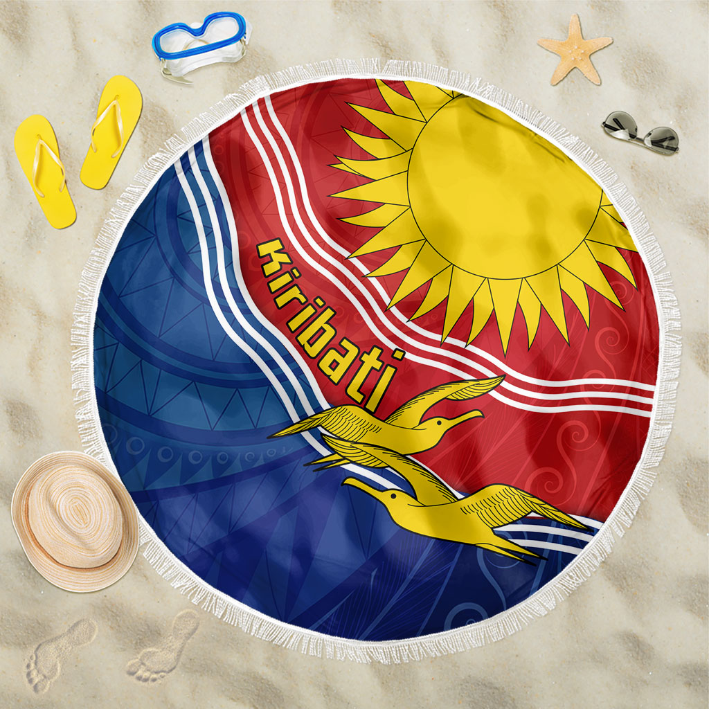 Kiribati Flag Coat Of Arms Beach Blanket Sun Rising Frigatebird Pacific Island Tribal Pattern TS04 One Size 150cm Red Yellow - Polynesian Pride