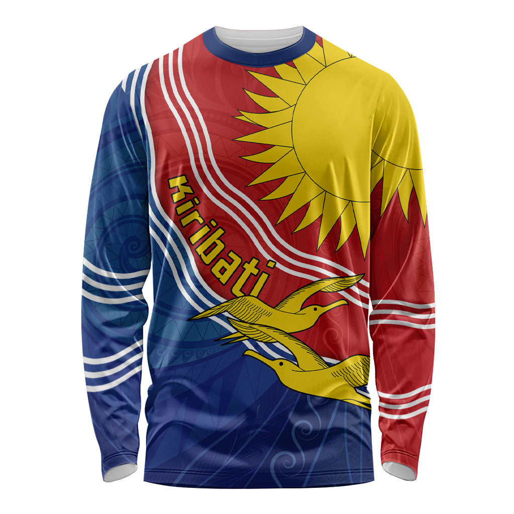 Kiribati Flag Coat Of Arms Long Sleeve Shirt Sun Rising Frigatebird Pacific Island Tribal Pattern
