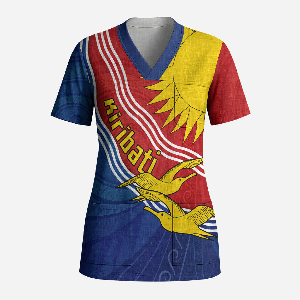 Kiribati Flag Coat Of Arms Scrub Top Sun Rising Frigatebird Pacific Island Tribal Pattern TS04 Adult Red Yellow - Polynesian Pride
