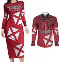 Wallis And Futuna Couples Matching Long Sleeve Bodycon Dress and Long Sleeve Button Shirt Polynesian Tattoo Flag Map TS04 Red Black - Polynesian Pride