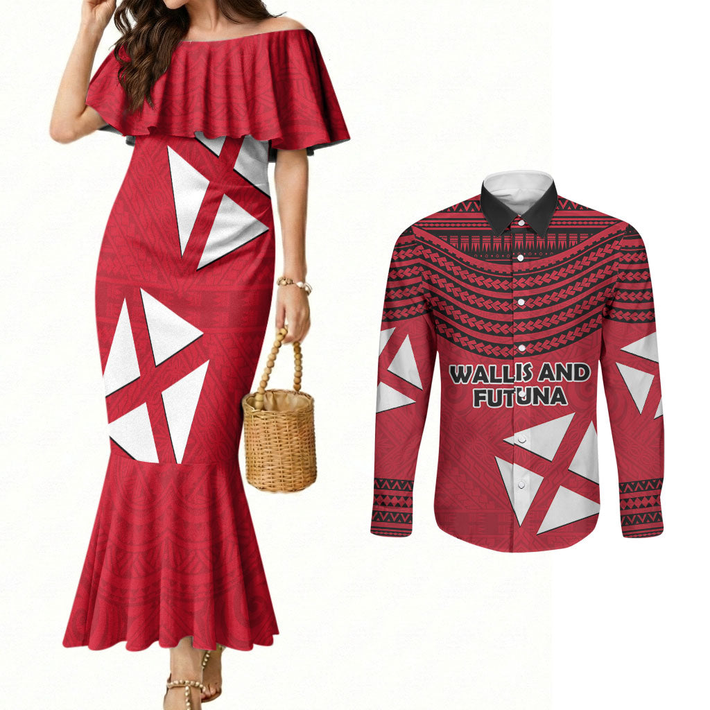 Wallis And Futuna Couples Matching Mermaid Dress and Long Sleeve Button Shirt Polynesian Tattoo Flag Map TS04 Red Black - Polynesian Pride