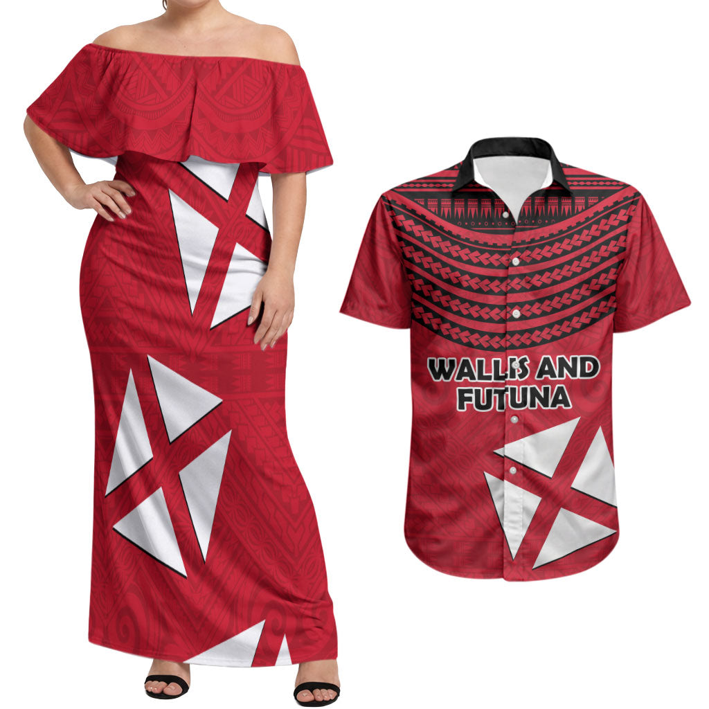 Wallis And Futuna Couples Matching Off Shoulder Maxi Dress and Hawaiian Shirt Polynesian Tattoo Flag Map TS04 Red Black - Polynesian Pride