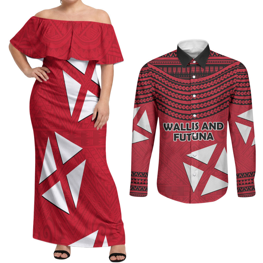Wallis And Futuna Couples Matching Off Shoulder Maxi Dress and Long Sleeve Button Shirt Polynesian Tattoo Flag Map TS04 Red Black - Polynesian Pride