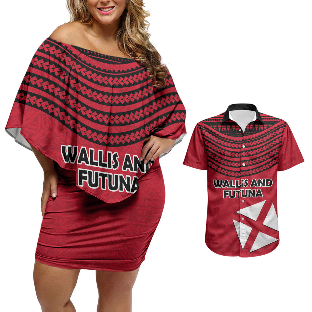 Wallis And Futuna Couples Matching Off Shoulder Short Dress and Hawaiian Shirt Polynesian Tattoo Flag Map TS04 Red Black - Polynesian Pride