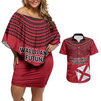 Wallis And Futuna Couples Matching Off Shoulder Short Dress and Hawaiian Shirt Polynesian Tattoo Flag Map TS04 Red Black - Polynesian Pride