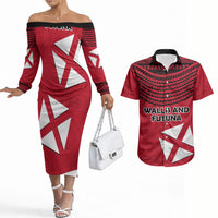 Wallis And Futuna Couples Matching Off The Shoulder Long Sleeve Dress and Hawaiian Shirt Polynesian Tattoo Flag Map TS04 Red Black - Polynesian Pride