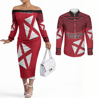 Wallis And Futuna Couples Matching Off The Shoulder Long Sleeve Dress and Long Sleeve Button Shirt Polynesian Tattoo Flag Map TS04 Red Black - Polynesian Pride