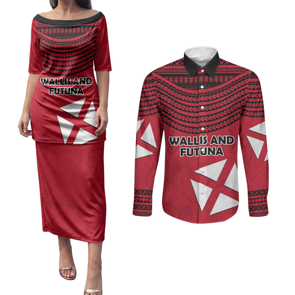 Wallis And Futuna Couples Matching Puletasi and Long Sleeve Button Shirt Polynesian Tattoo Flag Map TS04 Red Black - Polynesian Pride