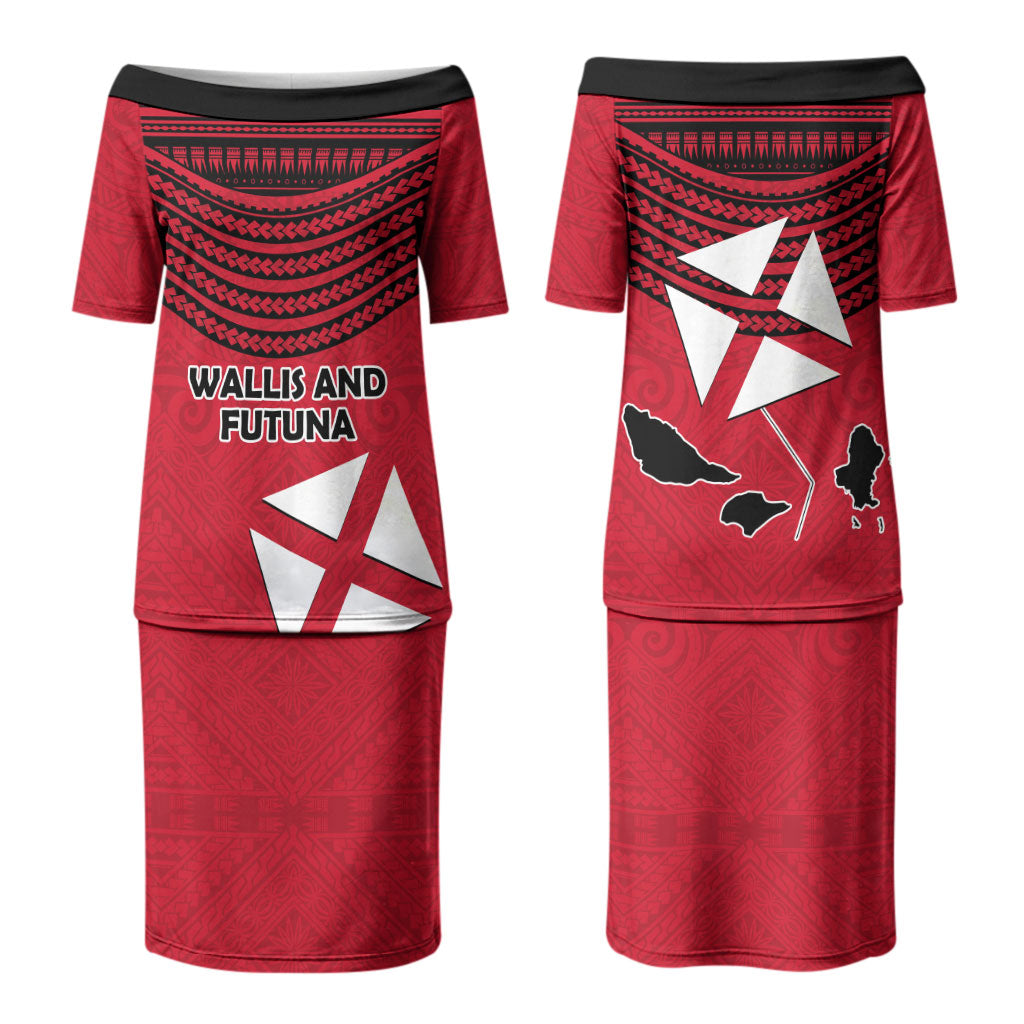 Wallis And Futuna Couples Matching Puletasi and Long Sleeve Button Shirt Polynesian Tattoo Flag Map TS04 - Polynesian Pride