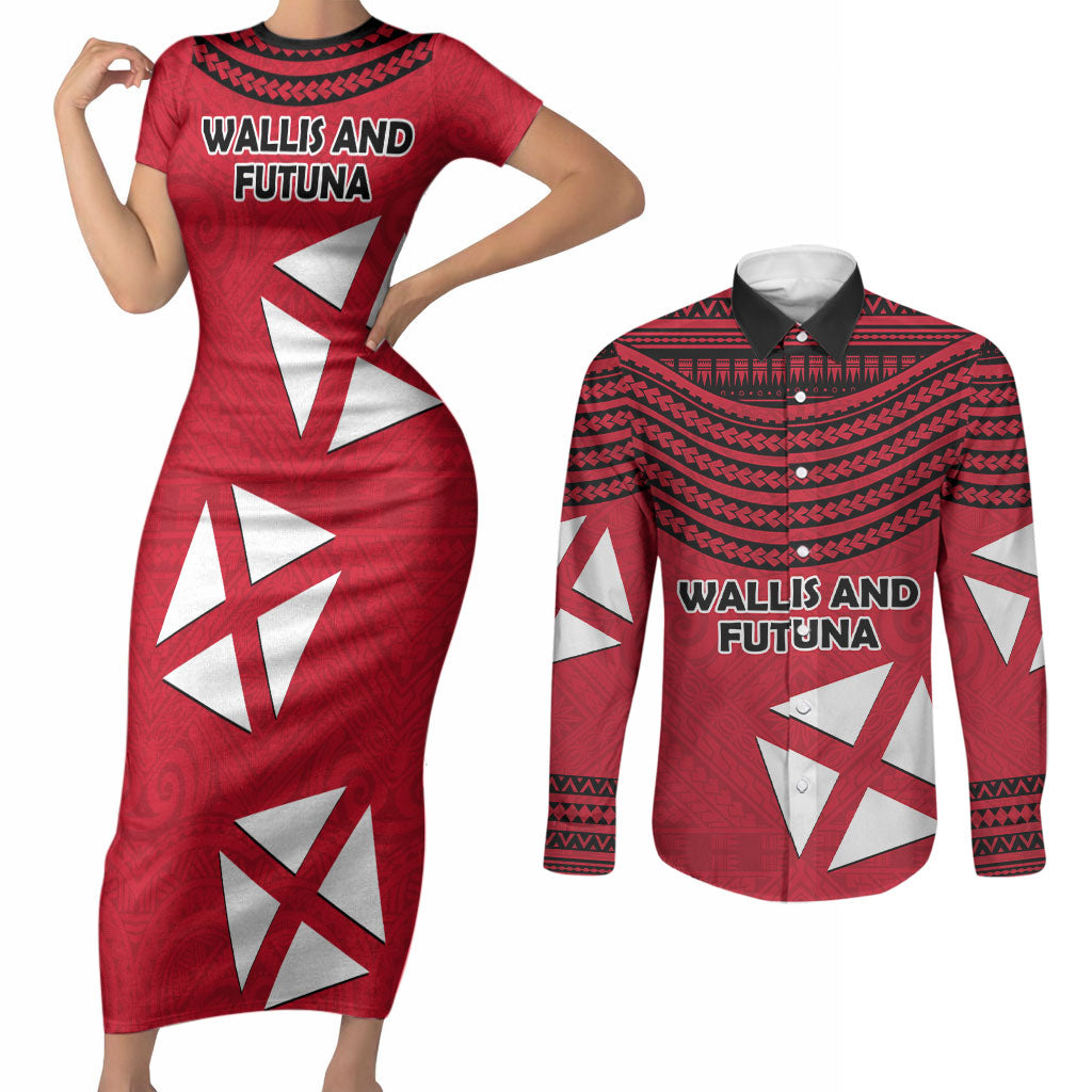 Wallis And Futuna Couples Matching Short Sleeve Bodycon Dress and Long Sleeve Button Shirt Polynesian Tattoo Flag Map TS04 Red Black - Polynesian Pride