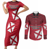 Wallis And Futuna Couples Matching Short Sleeve Bodycon Dress and Long Sleeve Button Shirt Polynesian Tattoo Flag Map TS04 Red Black - Polynesian Pride