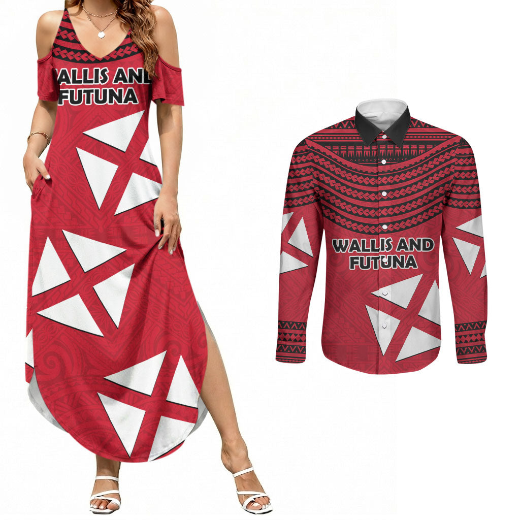 Wallis And Futuna Couples Matching Summer Maxi Dress and Long Sleeve Button Shirt Polynesian Tattoo Flag Map TS04 Red Black - Polynesian Pride