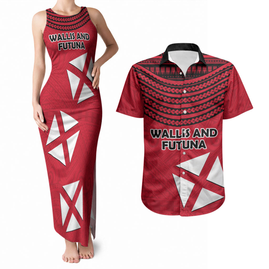 Wallis And Futuna Couples Matching Tank Maxi Dress and Hawaiian Shirt Polynesian Tattoo Flag Map TS04 Red Black - Polynesian Pride