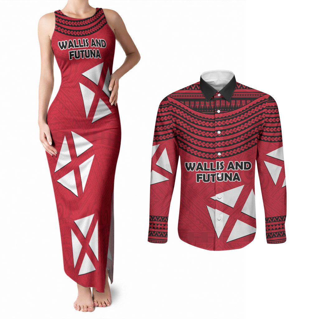 Wallis And Futuna Couples Matching Tank Maxi Dress and Long Sleeve Button Shirt Polynesian Tattoo Flag Map TS04 Red Black - Polynesian Pride