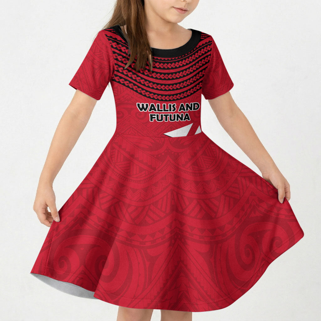 Wallis And Futuna Kid Short Sleeve Dress Polynesian Tattoo Flag Map TS04 KID Red Black - Polynesian Pride
