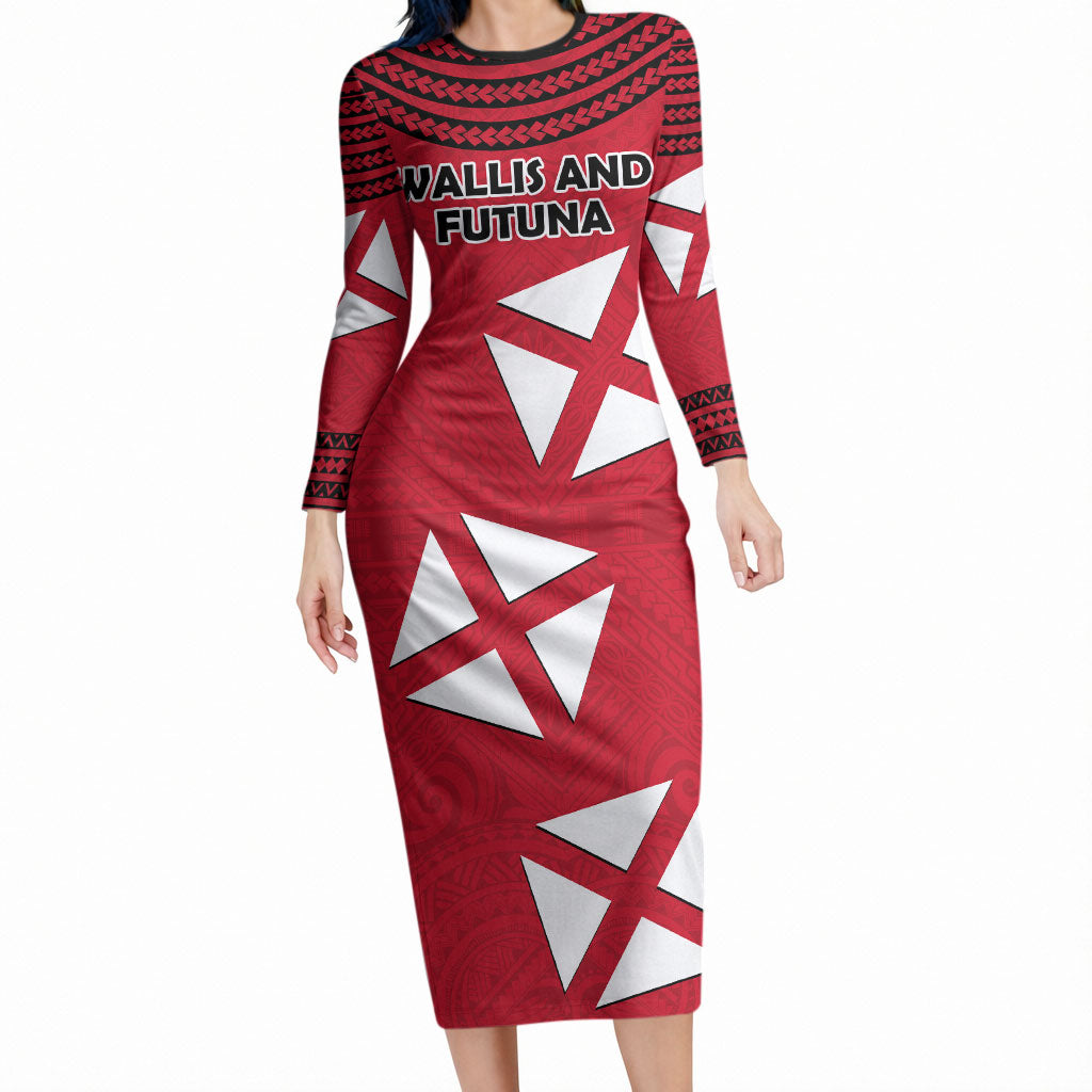 Wallis And Futuna Long Sleeve Bodycon Dress Polynesian Tattoo Flag Map TS04 Long Dress Red Black - Polynesian Pride