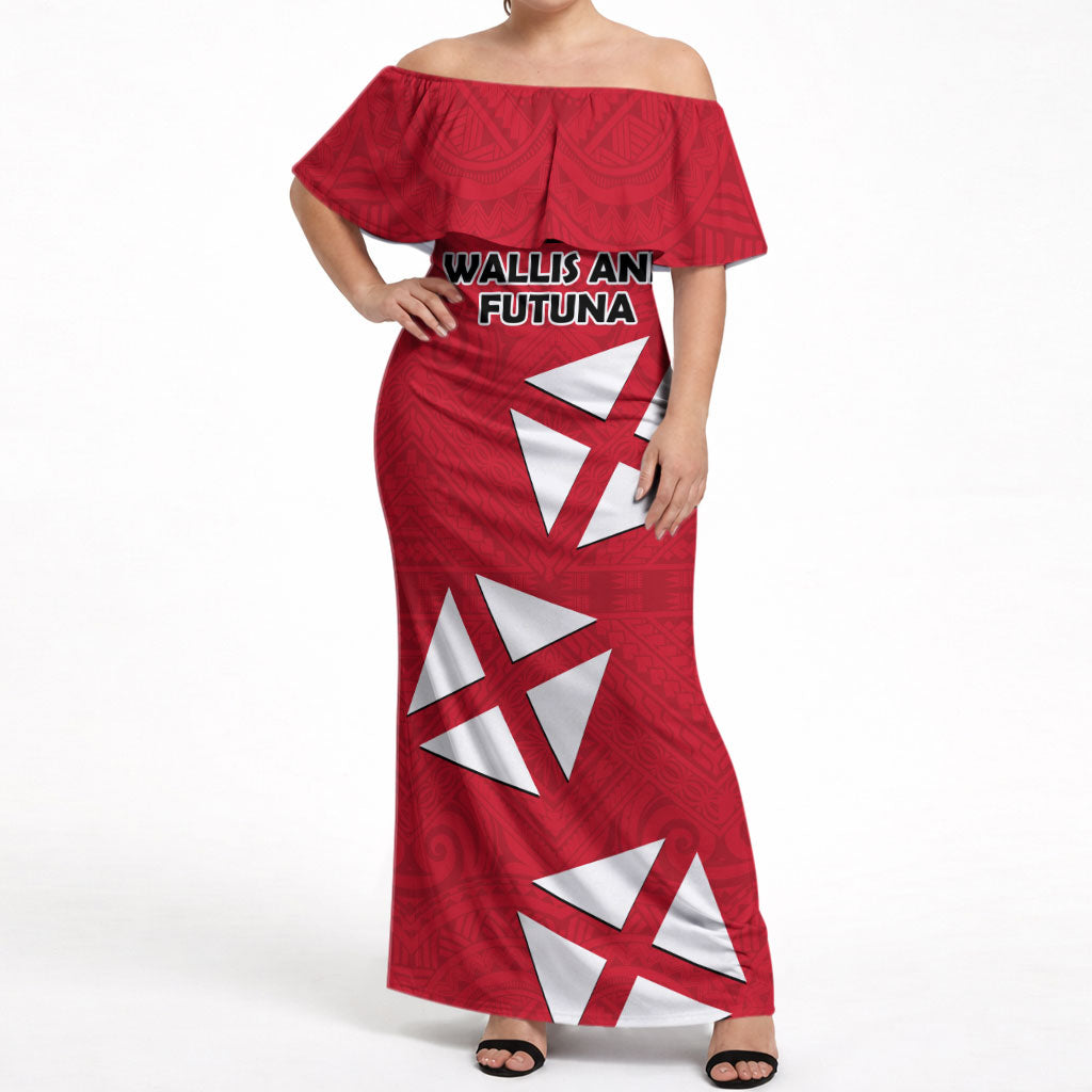 Wallis And Futuna Off Shoulder Maxi Dress Polynesian Tattoo Flag Map TS04 Women Red Black - Polynesian Pride