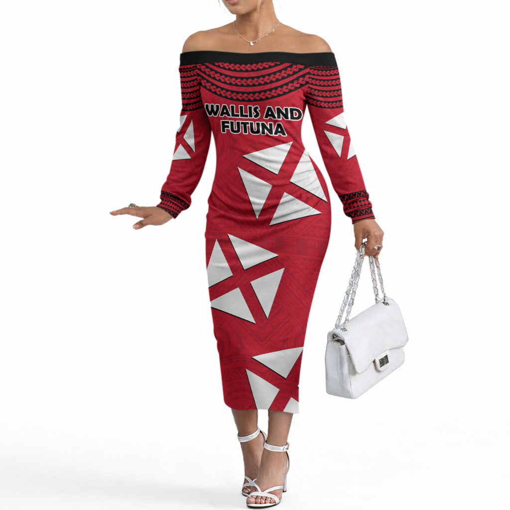 Wallis And Futuna Off The Shoulder Long Sleeve Dress Polynesian Tattoo Flag Map TS04 Women Red Black - Polynesian Pride
