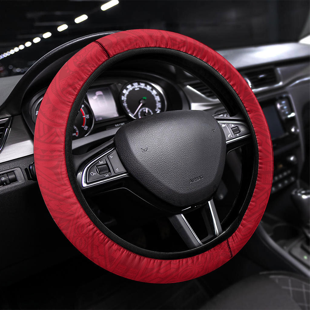Wallis And Futuna Steering Wheel Cover Polynesian Tattoo Flag Map TS04 Universal Fit Red Black - Polynesian Pride