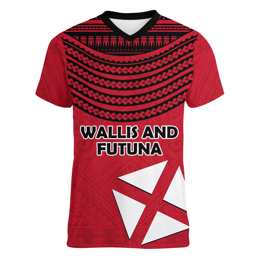 Wallis And Futuna Women V-Neck T-Shirt Polynesian Tattoo Flag Map TS04 Female Red Black - Polynesian Pride