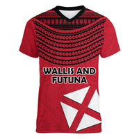 Wallis And Futuna Women V-Neck T-Shirt Polynesian Tattoo Flag Map TS04 Female Red Black - Polynesian Pride