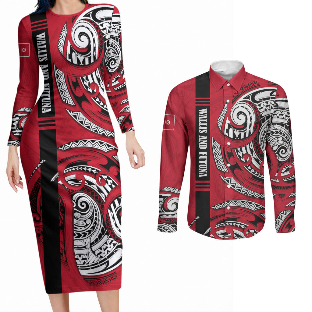 Wallis And Futuna Couples Matching Long Sleeve Bodycon Dress and Long Sleeve Button Shirt Tribal Polynesian Tattoo Flag Motif TS04 Red Black - Polynesian Pride