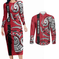 Wallis And Futuna Couples Matching Long Sleeve Bodycon Dress and Long Sleeve Button Shirt Tribal Polynesian Tattoo Flag Motif TS04 Red Black - Polynesian Pride